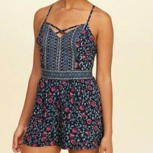 Hollister Blue/Red Floral Woven Romper/Jumpsuit